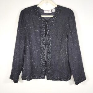 Vintage Laurence Kazar Silk Beaded Evening Jacket Black Petite L Quiet Luxury